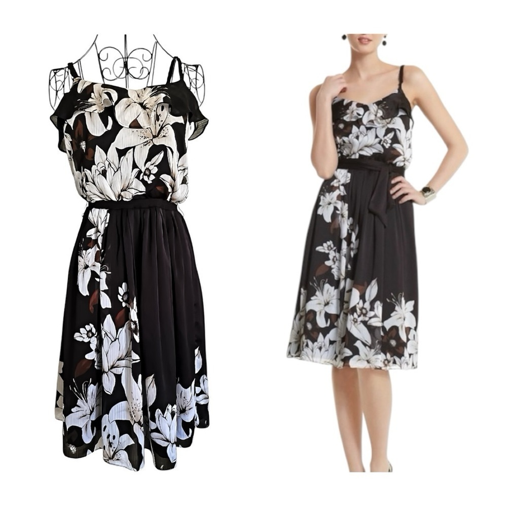 White House Black Market Floral Chiffon Fit & Flare Dress 00 NWOT Belt Missing